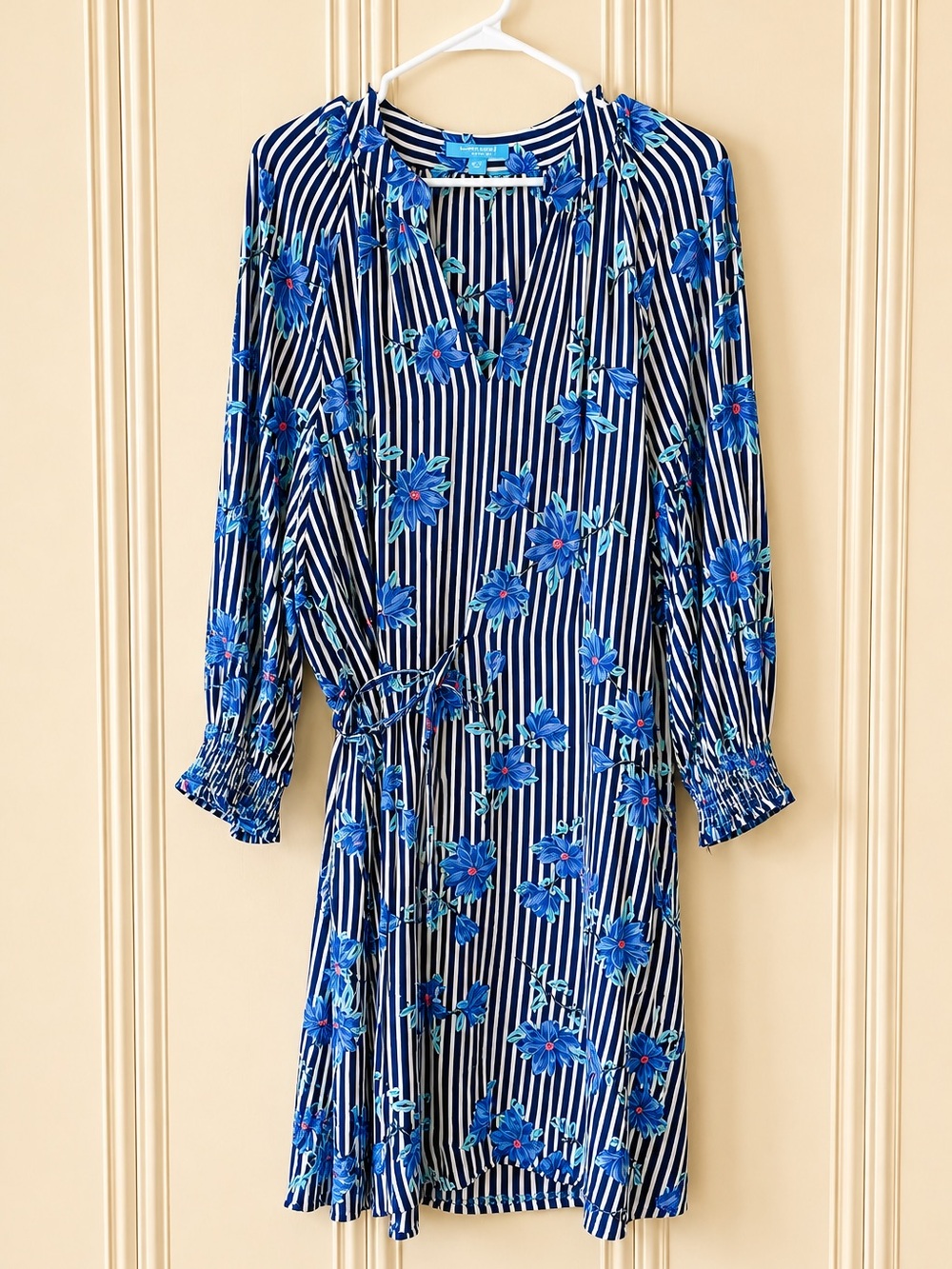 Blue Floral Stripe Wrap Dress